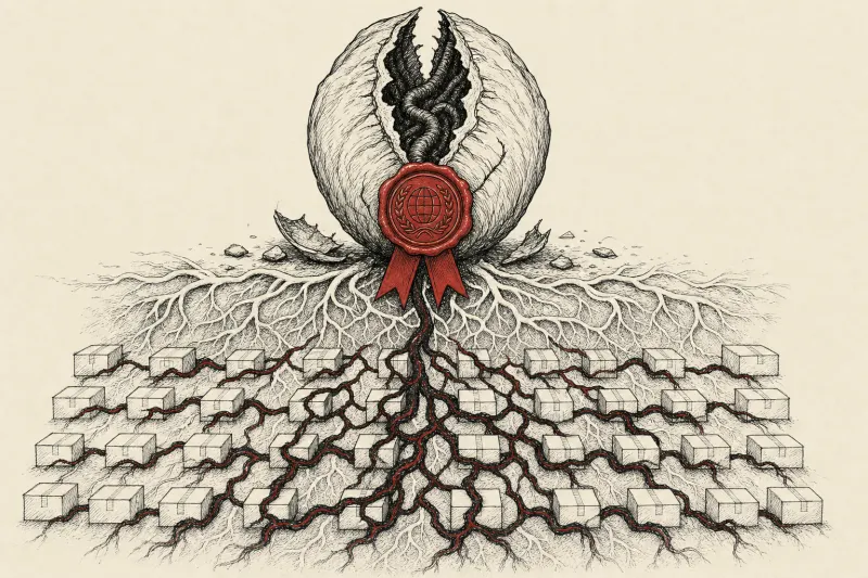 A trusted golden seal attached to a cracked pod spreading dark tendrils through a software supply chain.