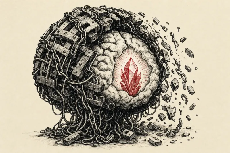 A tangled iron brain sheds its heavy shell to reveal a lighter core, symbolizing alternatives to AI transformers.