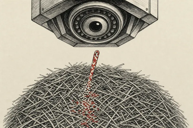 A patterned needle vanishes into a haystack beneath a camera eye, symbolizing escape from automated detection.