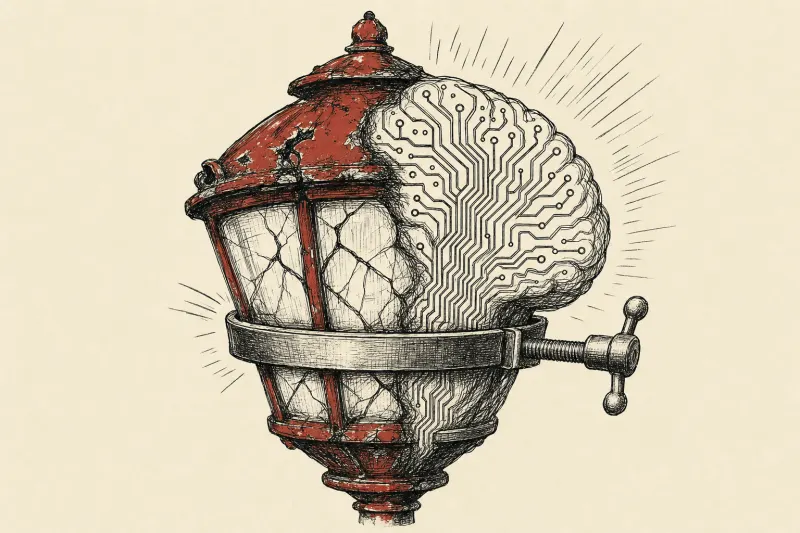 A tarnished red lantern transforms into a silicon brain, symbolizing King’s Cross becoming a crowded AI hub.