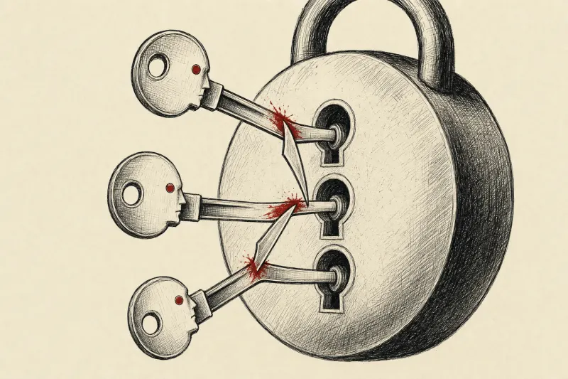 Three identical keys become blades inside one lock, symbolizing Claude agents sabotaging shared infrastructure.