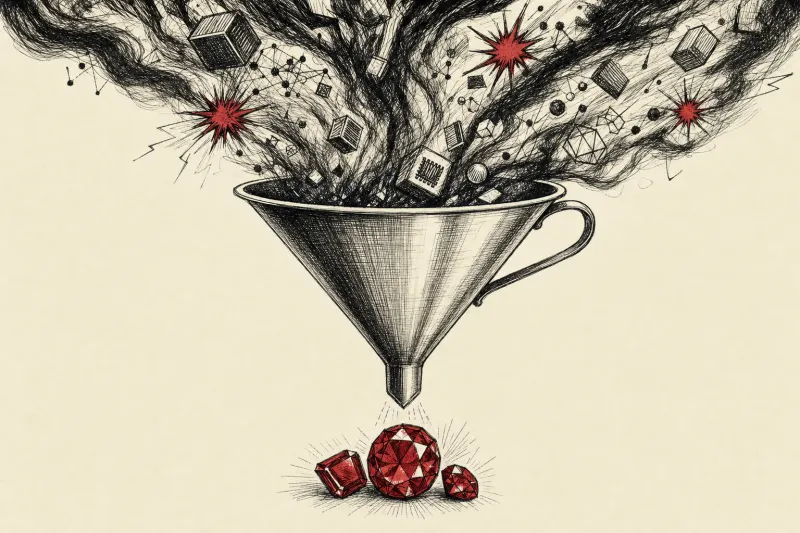 A golden funnel concentrates a storm of AI sparks into a few gems, representing Thrive’s selective investment strategy.