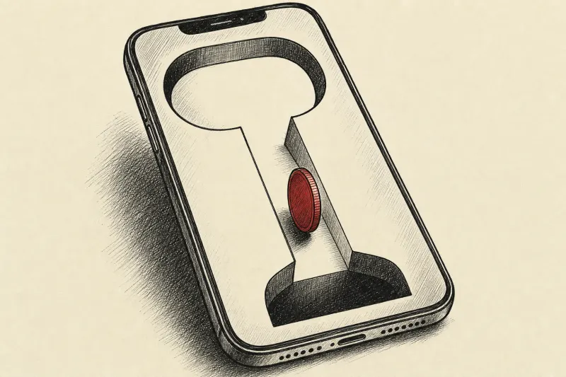 A speech bubble becomes a coin chute inside a phone, symbolizing TikTok’s proposed direct-message payments.