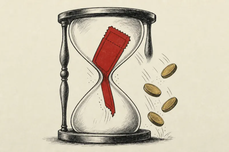 A ticket slips through an hourglass as four gold coins fall away, symbolizing Disrupt's expiring $400 discount.