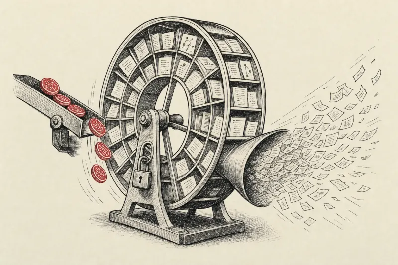 A locked flywheel of organized memories turns a few costly tokens into a steady stream of reusable answers.