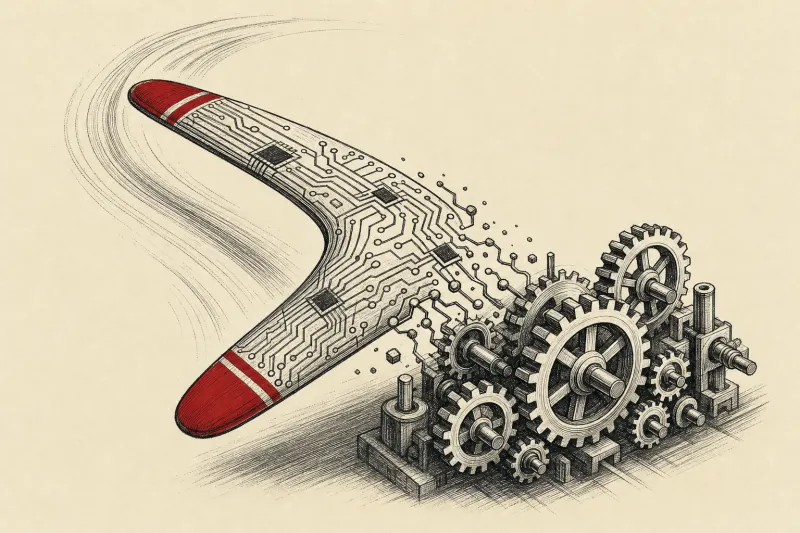 A circuit-patterned boomerang transforms into industrial gears, symbolizing Atoms’ reunion of former Uber executives.