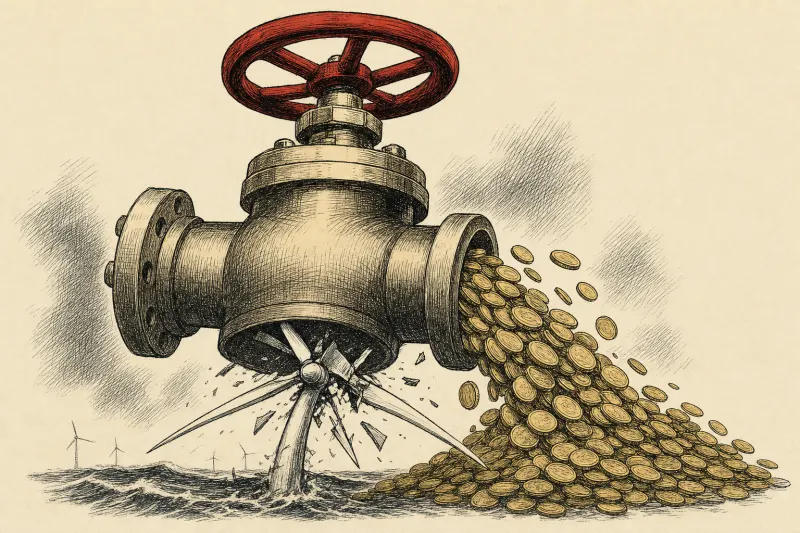 A brass gas valve crushes an offshore wind turbine, symbolizing federal payments shifting energy investment to gas.