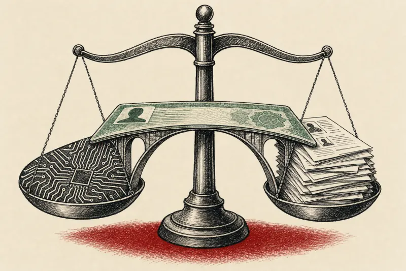 A green-card-shaped bridge passes through justice scales balancing technology circuitry against job applications.
