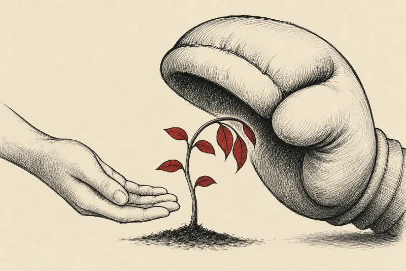 A sapling bends between a supportive hand and an oversized glove, symbolizing tutoring help that can hinder learning.