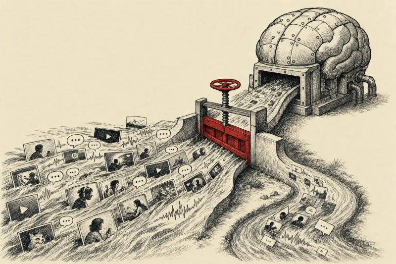 A gate diverts a river of streaming media from a mechanical brain, symbolizing Twitch’s new AI training opt out.