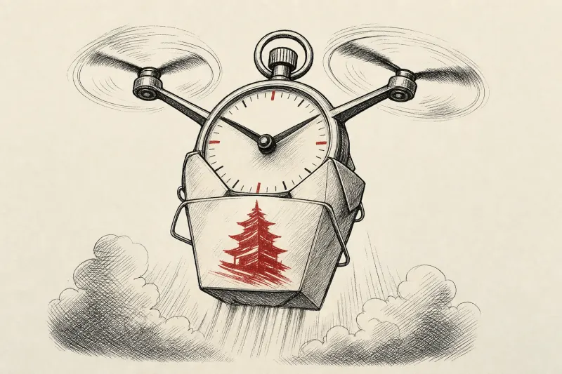 A takeout basket fused with a stopwatch and drone rotors symbolizes Uber and Zipline accelerating automated delivery.