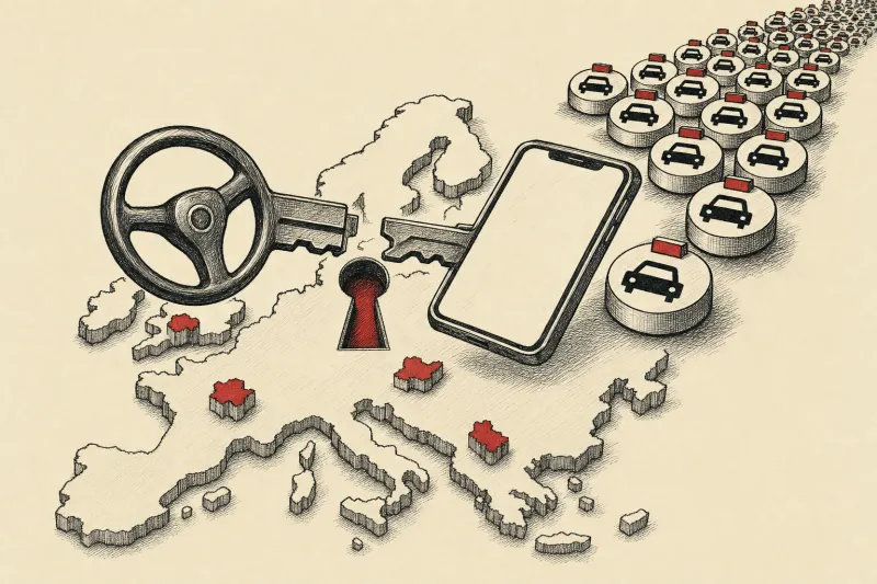 A steering wheel and smartphone form a key unlocking Europe as taxi tokens queue behind it.