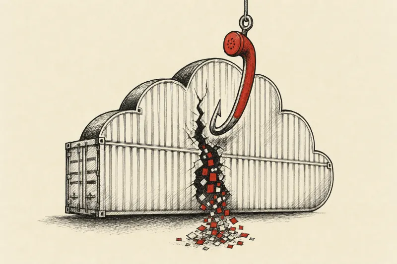 A phone-shaped fishing hook pierces a cloud freight container, symbolizing Helix’s alleged breach of Uber Freight.