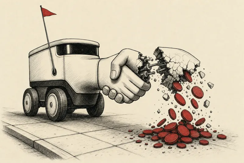 A delivery robot forms half of a broken handshake as coins fall away, symbolizing Uber’s exit from Serve Robotics.