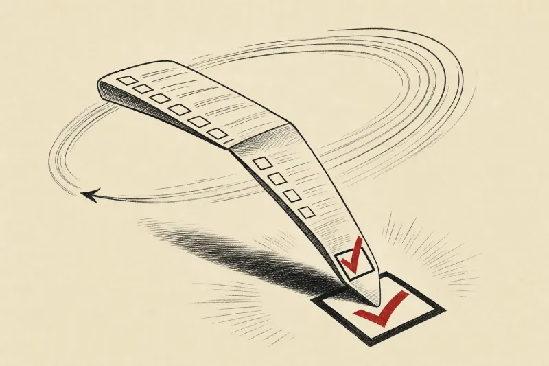 A paper task shaped like a boomerang returns toward a checked box, symbolizing reminders that persist until completion.