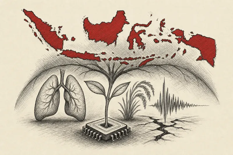 A silicon seed grows into an Indonesia-shaped canopy protecting lungs, rice and seismic waves.