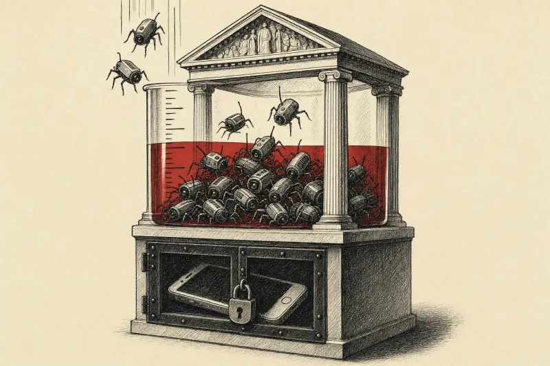 A glass courthouse counts mechanical spy bugs while a sealed chamber conceals phone searches.