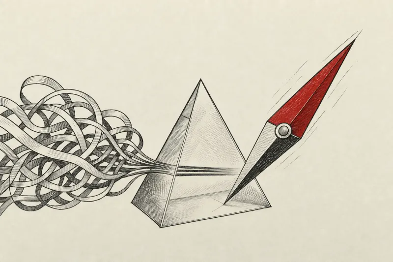 Tangled journey signals pass through a prism and become one compass needle, symbolizing AI-guided decisions.