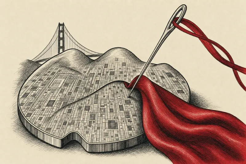 A couture needle threads silk through a silicon chip shaped like San Francisco hills, symbolizing fashion and tech converging.