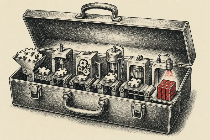 An open toolbox holds a clockwork assembly line, symbolizing Warp’s packaged AI software factory.