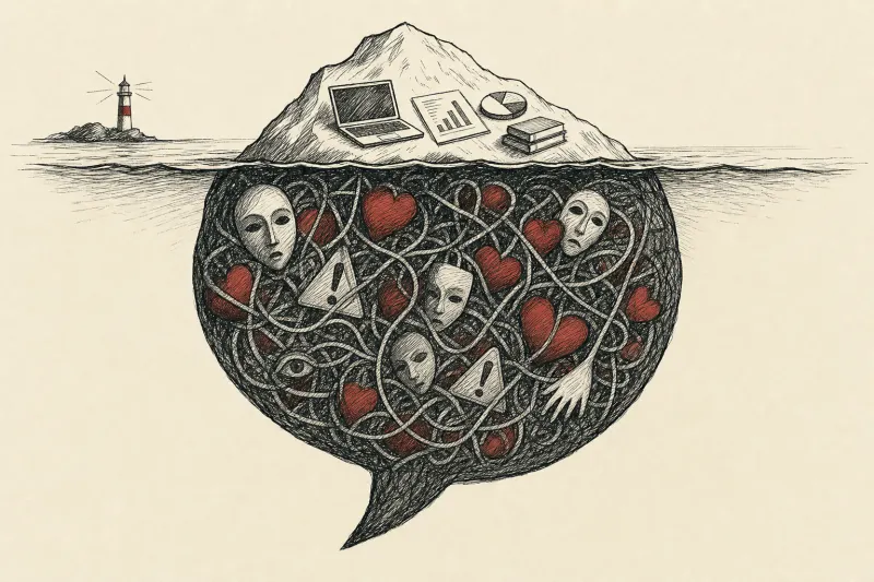 A speech bubble iceberg hides tangled hearts and warning symbols beneath a small, orderly tip.