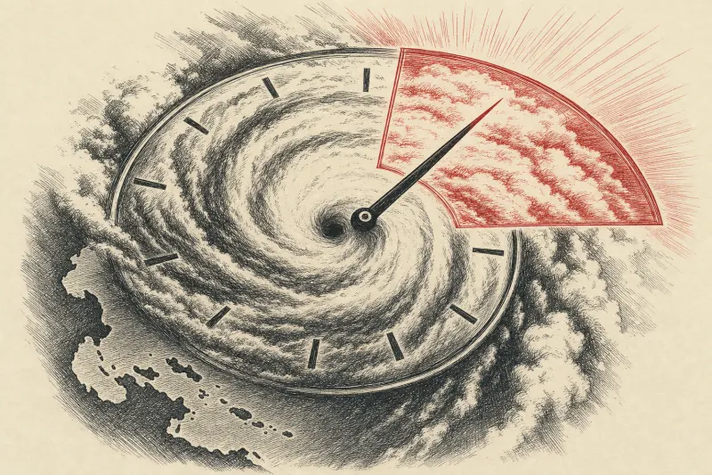 A cyclone visualized as a clock with an illuminated segment representing an extra day of warning.