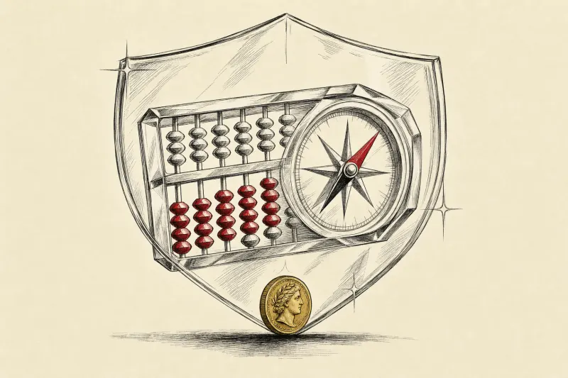 A crystal abacus becomes a shielded compass balancing a coin, symbolizing automated finance, controls and AI returns.