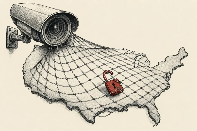 A camera lens becomes a net over the United States, with an open padlock symbolizing weak safeguards.