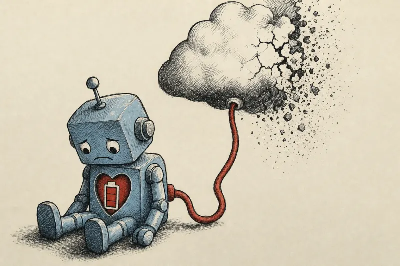 A blue toy robot’s heart cord connects to a crumbling cloud, symbolizing the fragility of AI companionship.