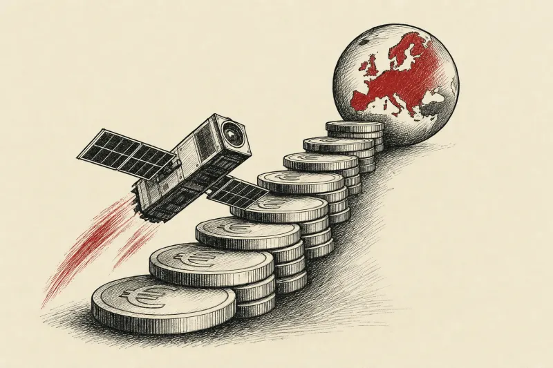 A satellite climbs euro coin steps toward a globe, symbolizing European funding for ICEYE and other scaleups.
