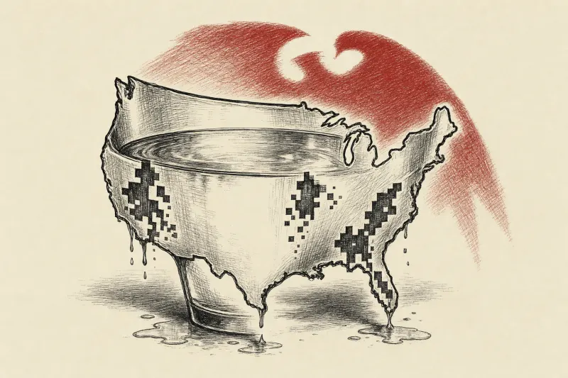 A water glass shaped like the United States fractures into pixels under a red shadow, symbolizing suspected cyberattacks.