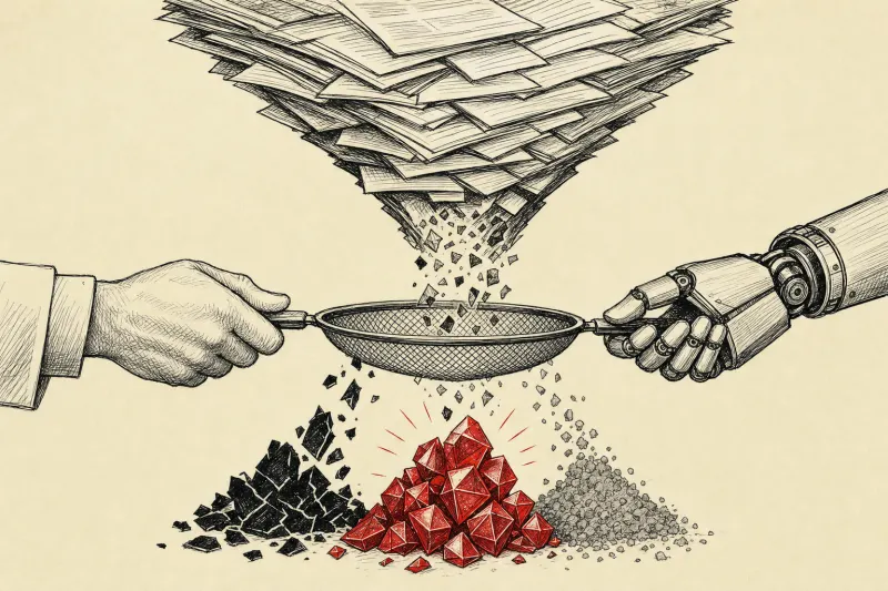 A paper hourglass filters verified gems, broken claims and gray uncertainties through a human and robot-held mesh.