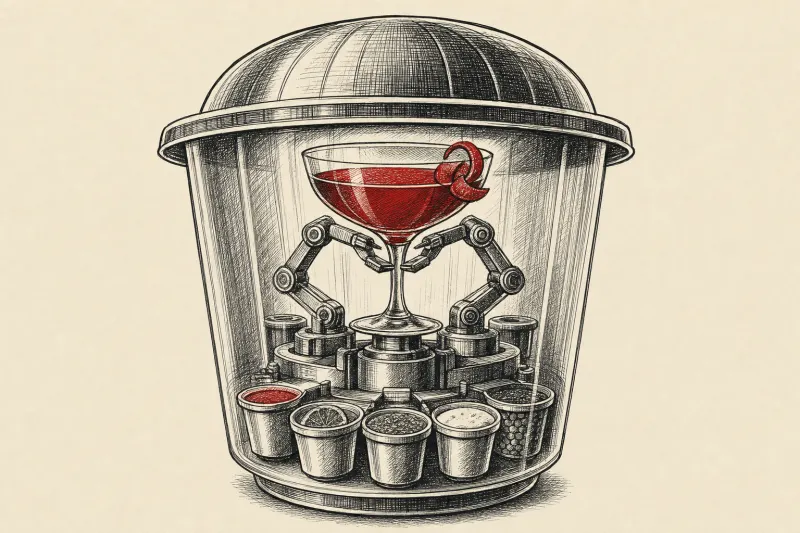 A cocktail glass trapped inside a giant capsule symbolizes Bartesian’s convenient but restrictive drinks.