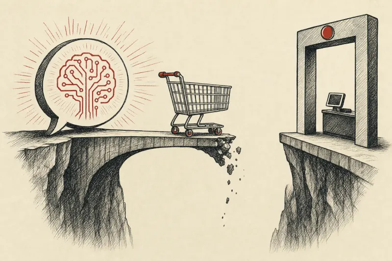 A shopping cart stalls at a missing bridge span between an AI speech bubble and a checkout gate.