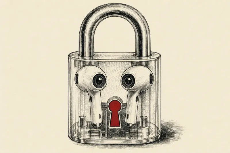 Two white earbuds resemble eyes trapped inside a transparent padlock, symbolizing visual AI and privacy.