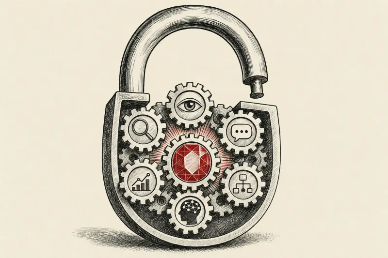An open padlock encloses interlocking gears, symbolizing Capital One’s governed open-weight multi-agent AI.