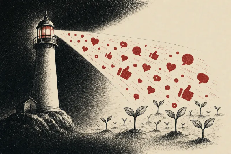 A lighthouse projects a social-media-shaped beam onto emerging startup seedlings.
