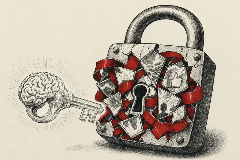 A crystal brain-shaped key faces a blocked lock, symbolizing distrust obstructing Meta’s personal AI vision.