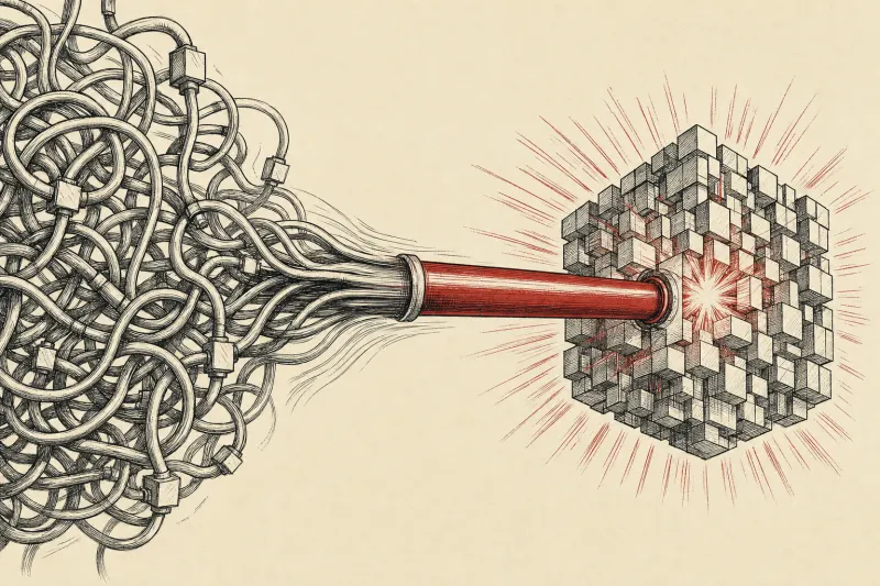 A tangled copper maze becomes one bright conduit feeding a dense crystal, symbolizing simpler 800 VDC power for AI.