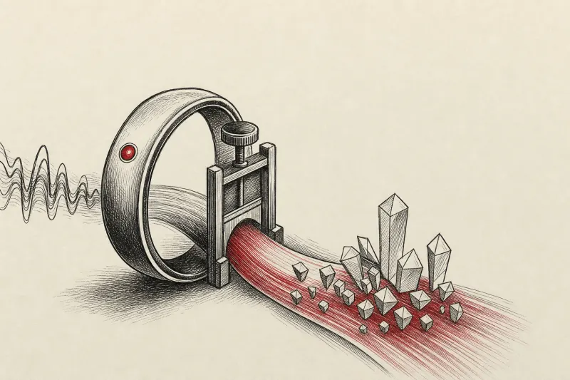 A ring controls a stream of sound that crystallizes into organized ideas, symbolizing Sandbar’s voice AI strategy.
