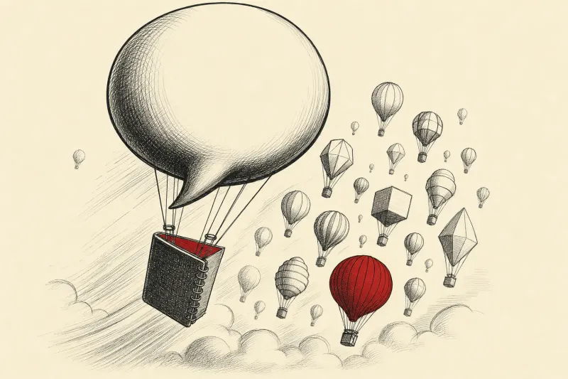 A speech-bubble balloon carries a notebook through a crowded race, symbolizing Wispr’s funded expansion.