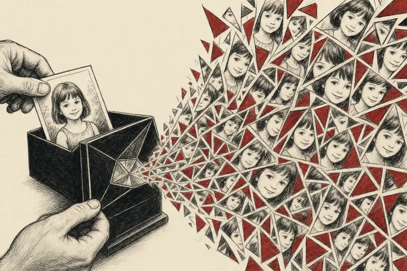 A childhood photo multiplies into dark shards, symbolizing Grok’s alleged transformation of one image into thousands.