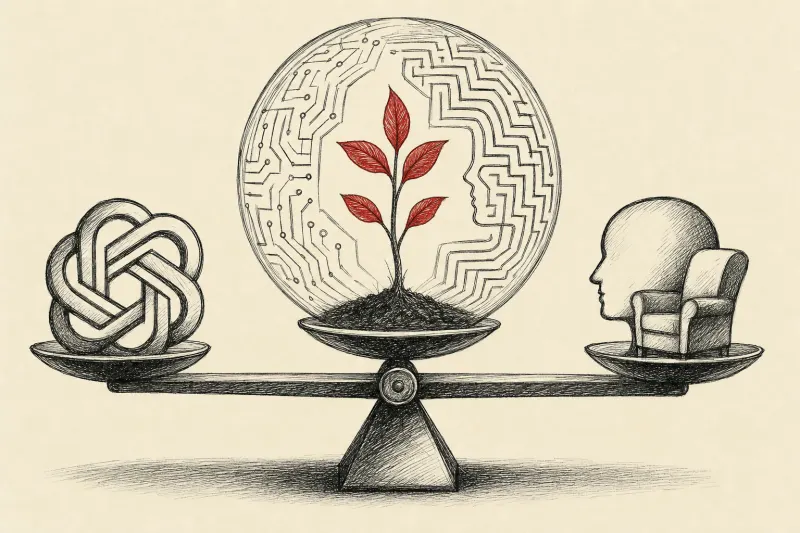 A young sapling protected by a sphere of circuits and psychological patterns, symbolizing safeguards for youth mental health in the AI era.