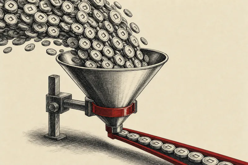 A precision funnel compresses an overflowing stream of tokens, symbolizing Writer’s effort to contain AI costs.
