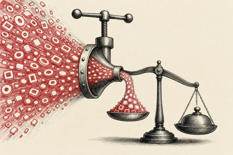 A precision harness compresses a torrent of tokens into a controlled stream, symbolizing lower AI agent costs.