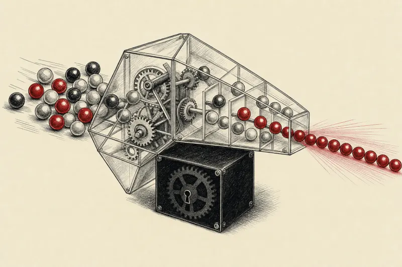 A transparent sorting machine exposes most gears while one remains sealed, symbolizing X’s partial algorithm transparency.