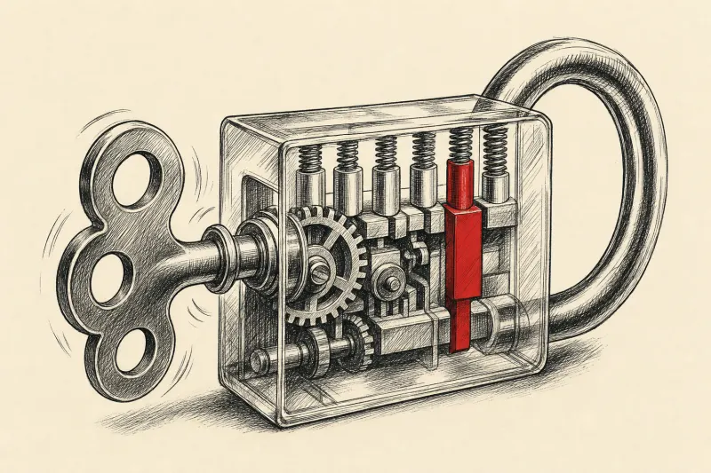 A clockwork key blocked by a lock tumbler symbolizes capable AI agents constrained by business authority.