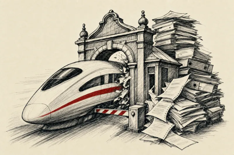 A bullet train squeezed through a paperwork tollgate symbolizes fast AI products slowed by software procurement.