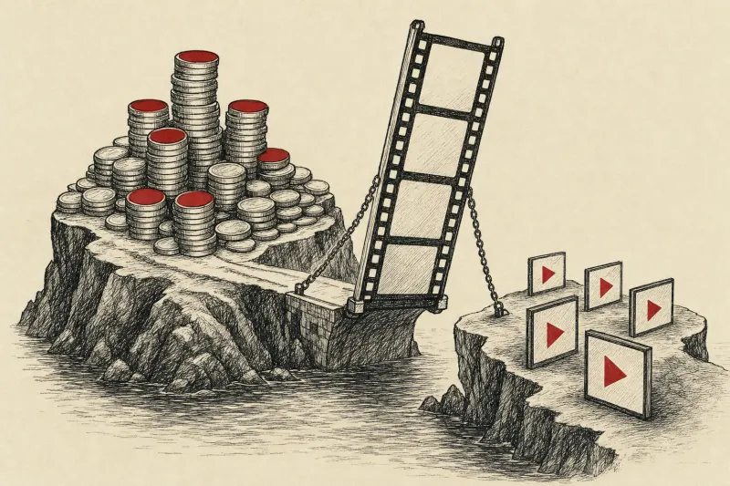 A raised filmstrip drawbridge blocks video frames from reaching coins, symbolizing tougher YouTube earning thresholds.