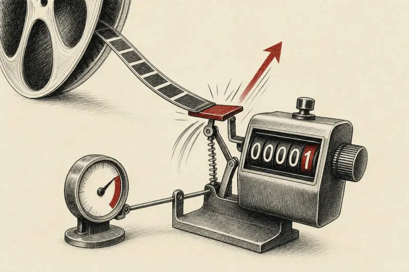 A film reel trips a tally counter instantly while a second gauge measures how long it continues moving.